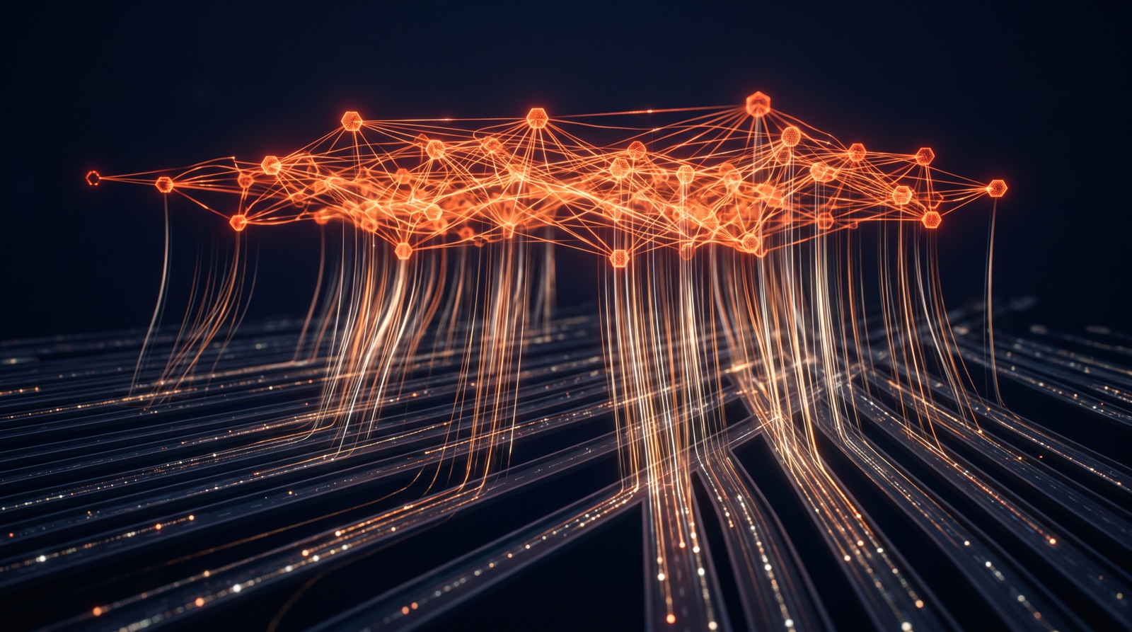 AI automation for business orchestrating operations across a company, shown as an orange intelligence layer over process lanes on dark navy