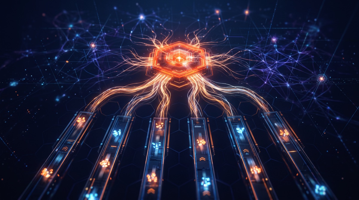 An AI layer routing work into automated business processes for a company on a dark navy background