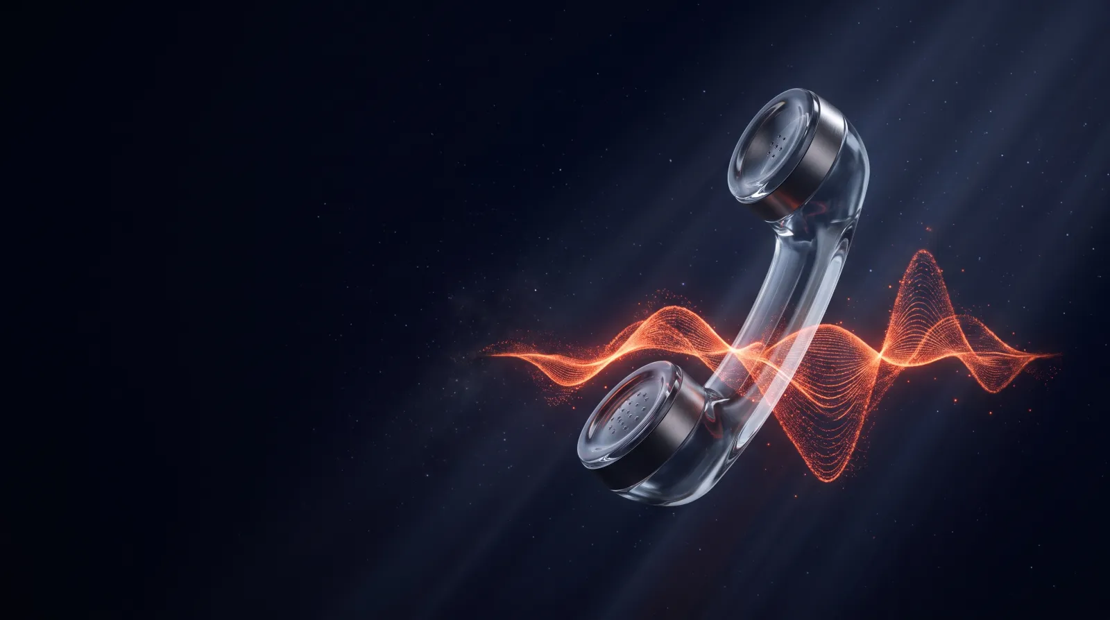 A glass telephone handset dissolving into an orange sound waveform, representing an AI voice agent answering business calls after hours