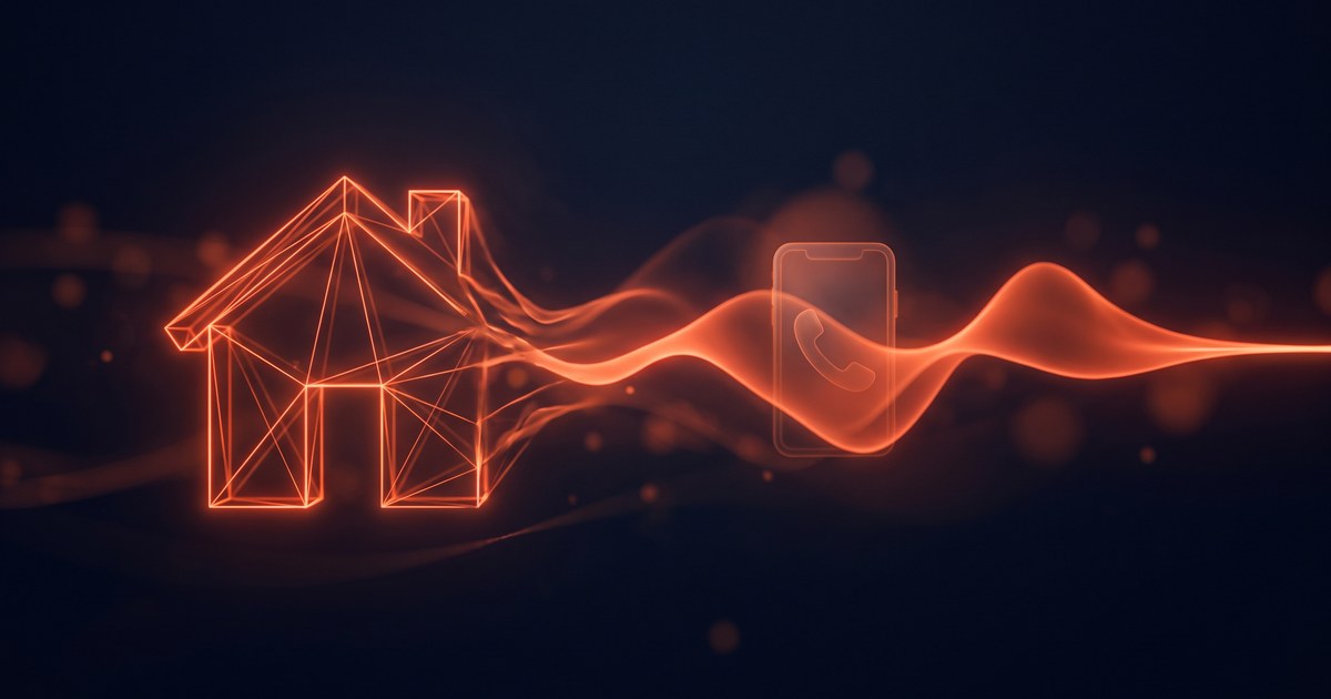 A holographic house outline dissolving into an orange sound waveform, representing an AI voice agent answering real estate calls