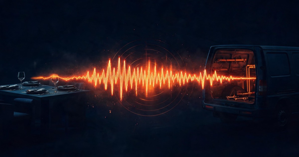 A glowing orange sound waveform running between a set restaurant table and a service van on a dark navy background, representing an AI voice agent answering calls for local businesses