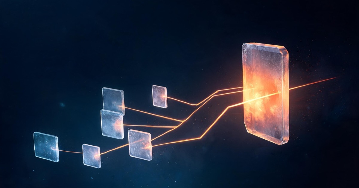 Glowing orange light trails branching from one large luminous slab toward several smaller cooler slabs on a deep navy background, representing platform alternatives