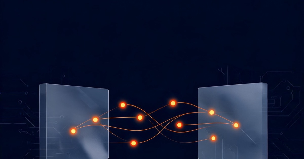 Glowing orange nodes and connection lines flowing between abstract data panels on a dark navy background, representing the GoHighLevel API