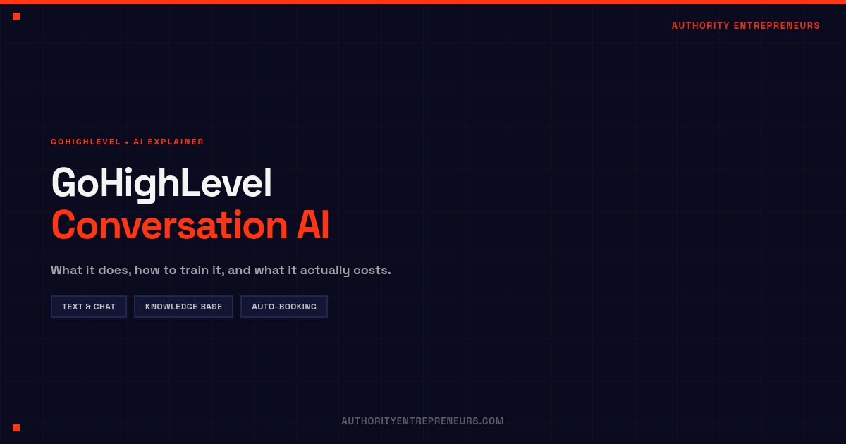 A glowing orange chat bubble above a dark navy GoHighLevel dashboard, representing automated AI text and chat replies