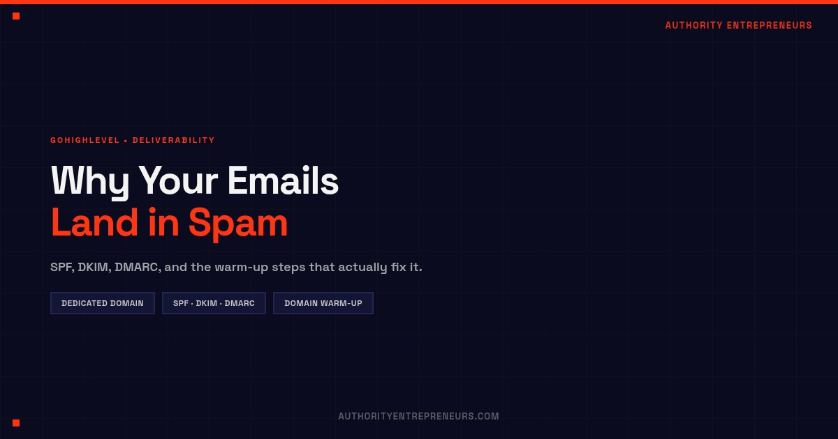 A glowing orange envelope icon on a dark navy background with a checklist of SPF, DKIM, and DMARC records, representing GoHighLevel email deliverability