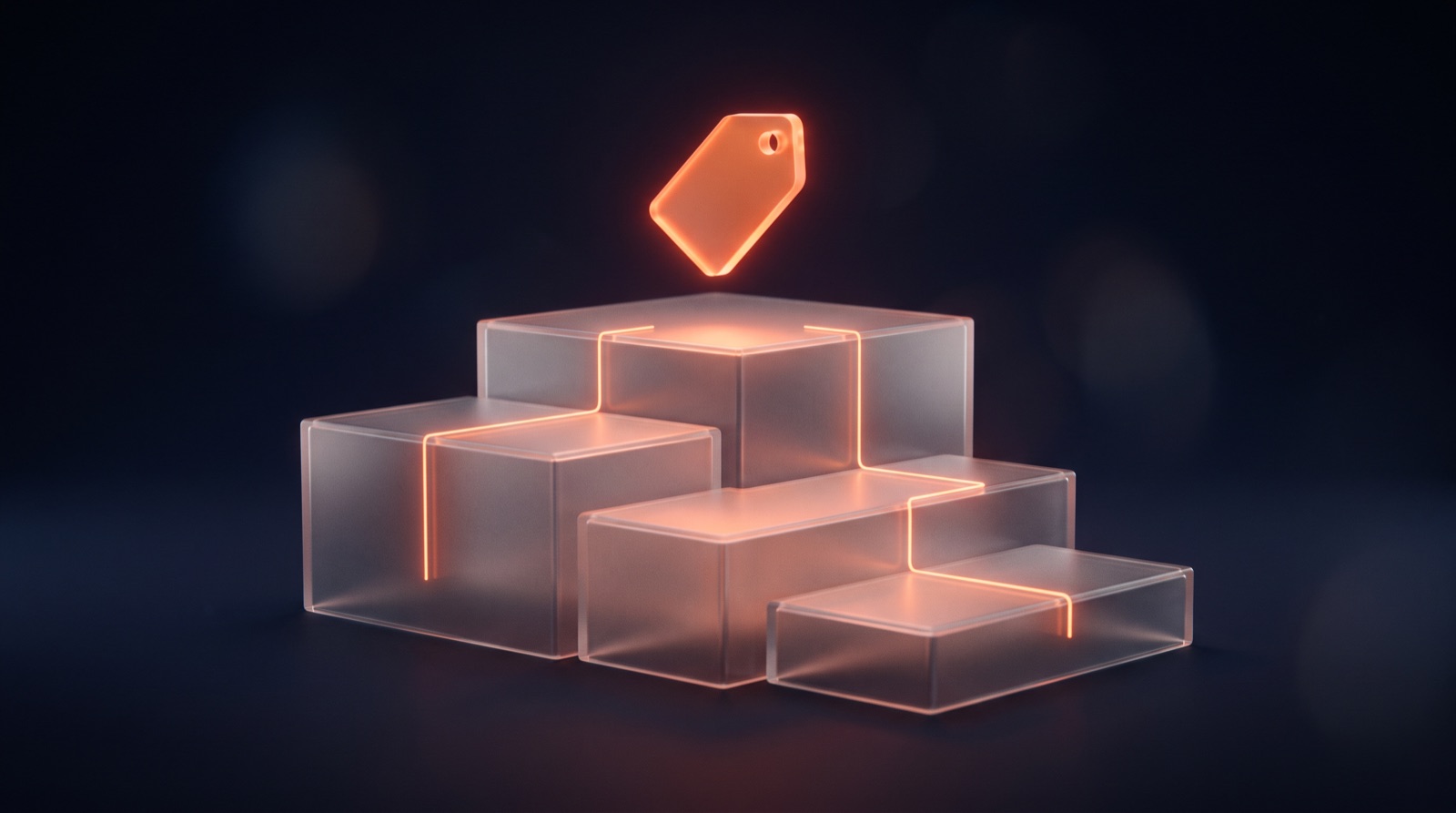 A glowing orange price tag orbited by holographic plan tiers on a dark navy background, representing GoHighLevel pricing
