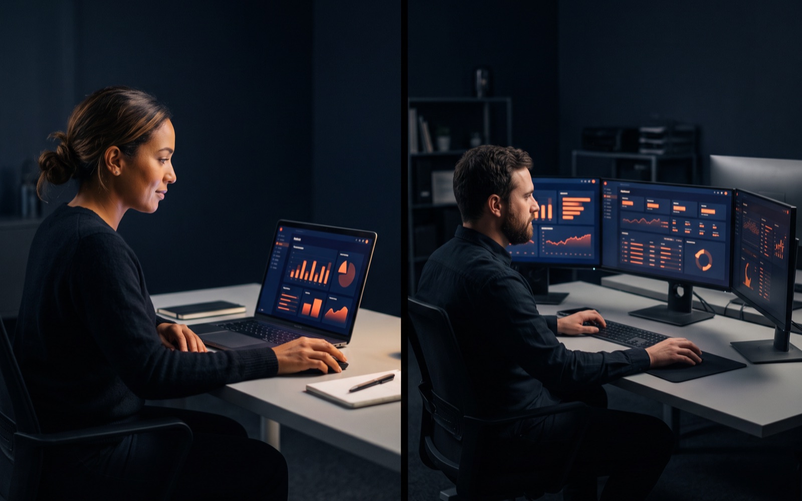 A business owner and an agency owner at two desks, each looking at a GoHighLevel dashboard on a dark navy screen with orange highlights