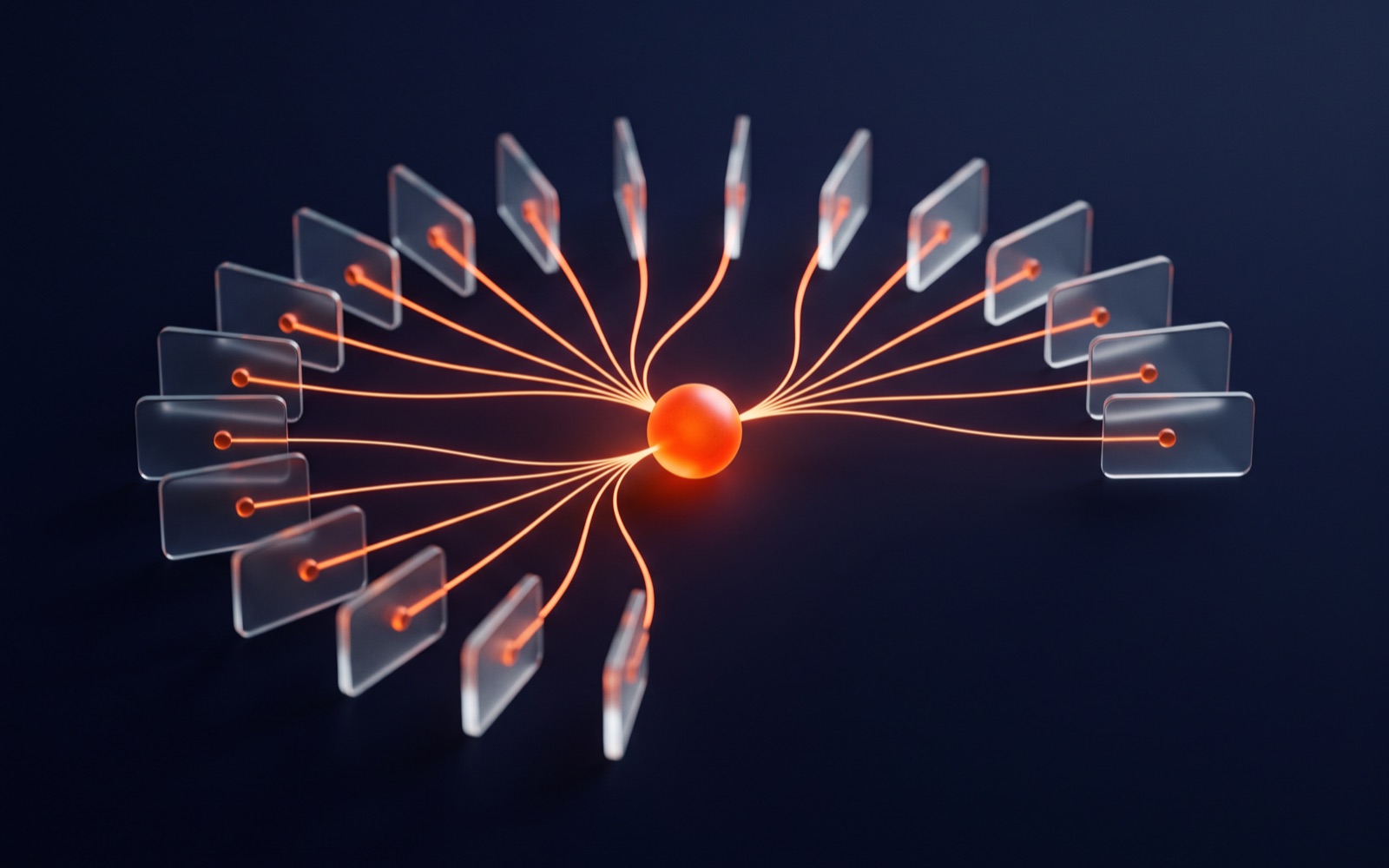 A clean dark navy illustration of one agency subscription branching into many branded client portals, connected by glowing orange lines