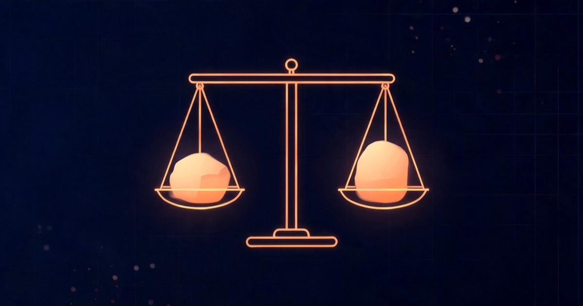 A glowing orange balance scale weighing two softly lit masses against each other on a dark navy background, representing an honest GoHighLevel review