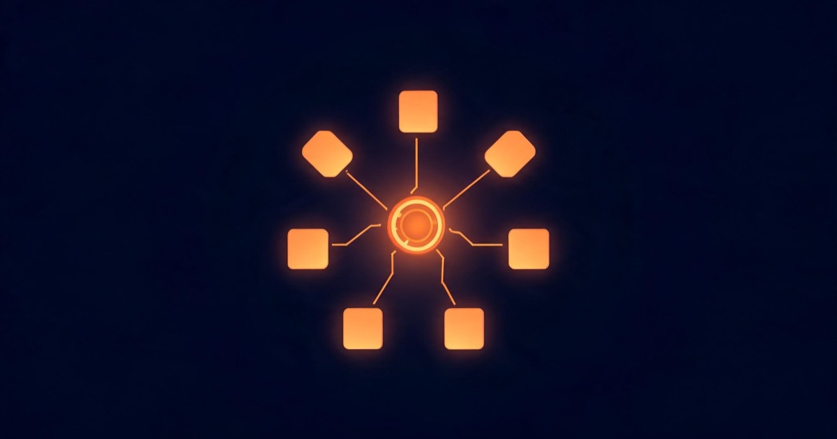 A glowing orange platform engine on a dark navy background branching into several identically branded client panels, representing GoHighLevel resold under one agency brand