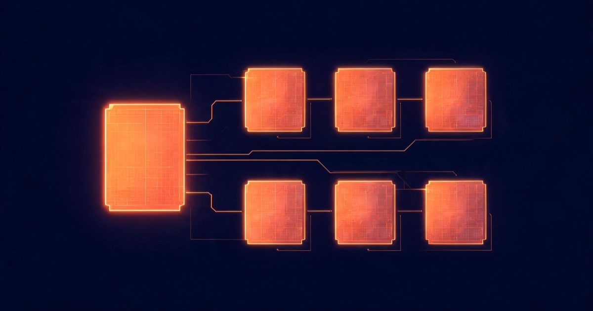 A glowing orange master panel duplicating into several sub-account panels on a dark navy background, representing a GoHighLevel snapshot being loaded into accounts