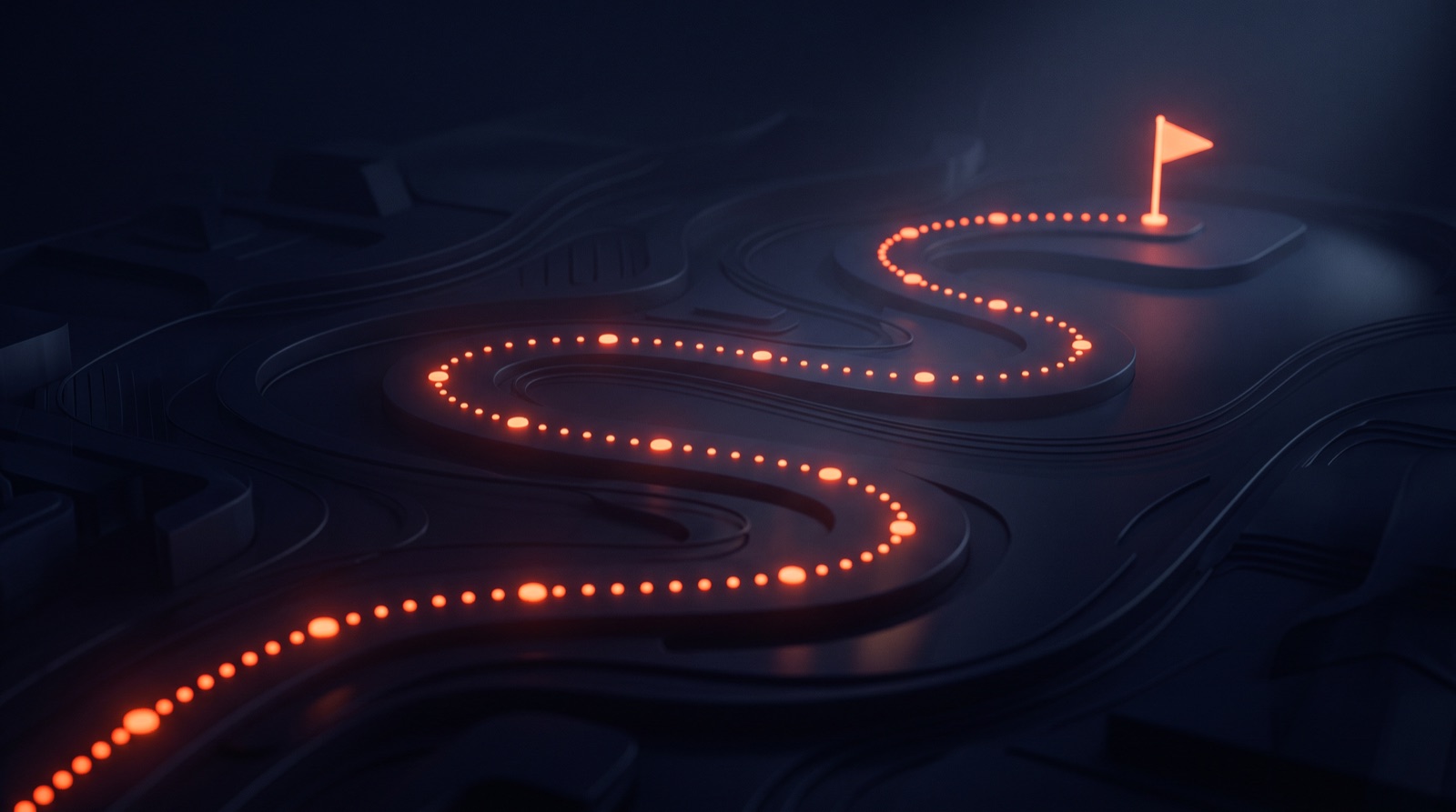 A step-by-step glowing orange path across a dark navy GoHighLevel dashboard, representing a beginner setup tutorial