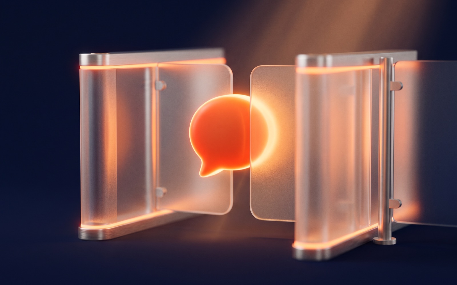 A dark navy illustration of a phone message passing through a glowing orange checkpoint gate, representing A2P 10DLC carrier approval for SMS