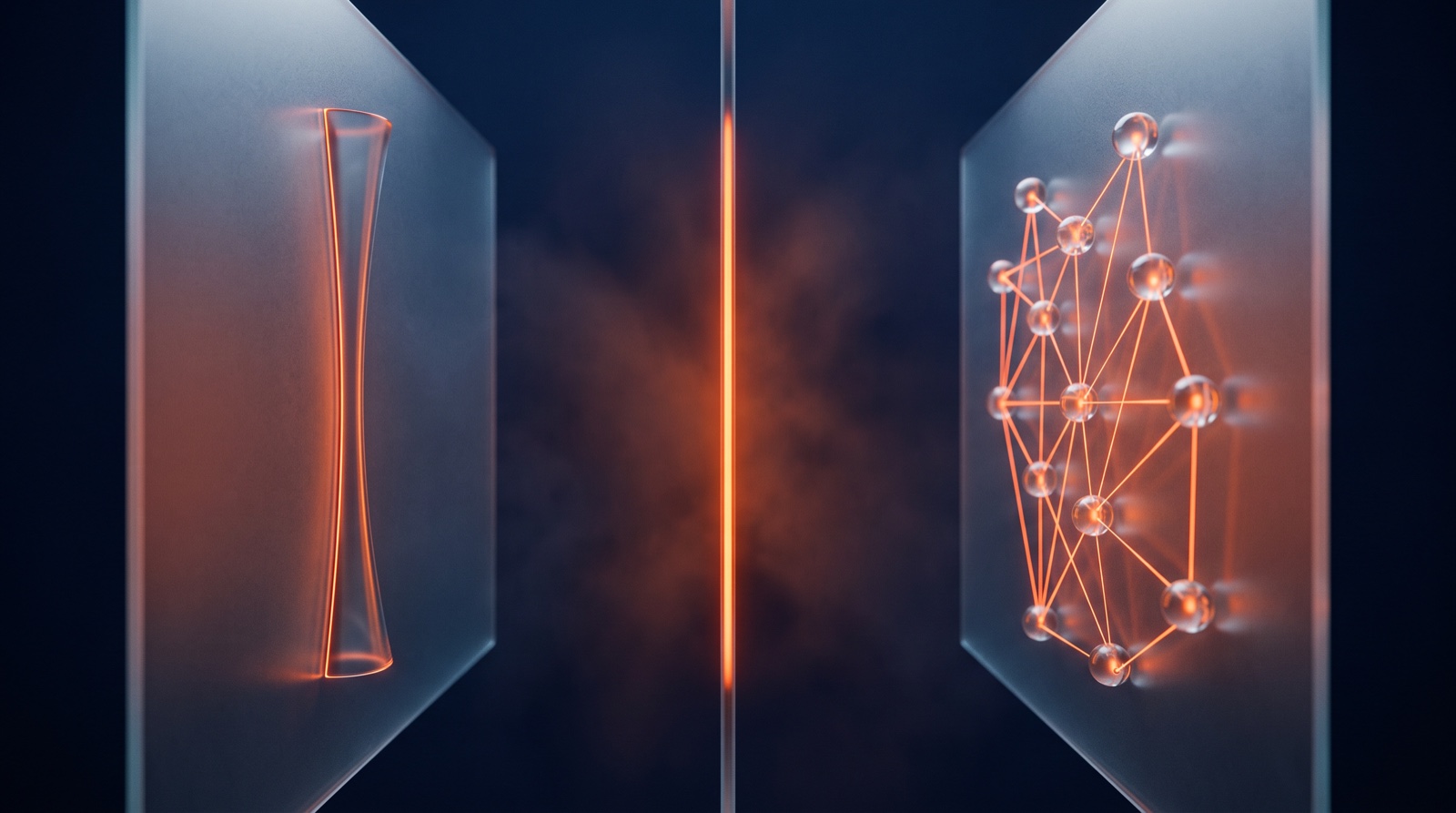 Two glowing software platform panels facing off across an orange divide on a dark navy background, representing GoHighLevel versus ClickFunnels