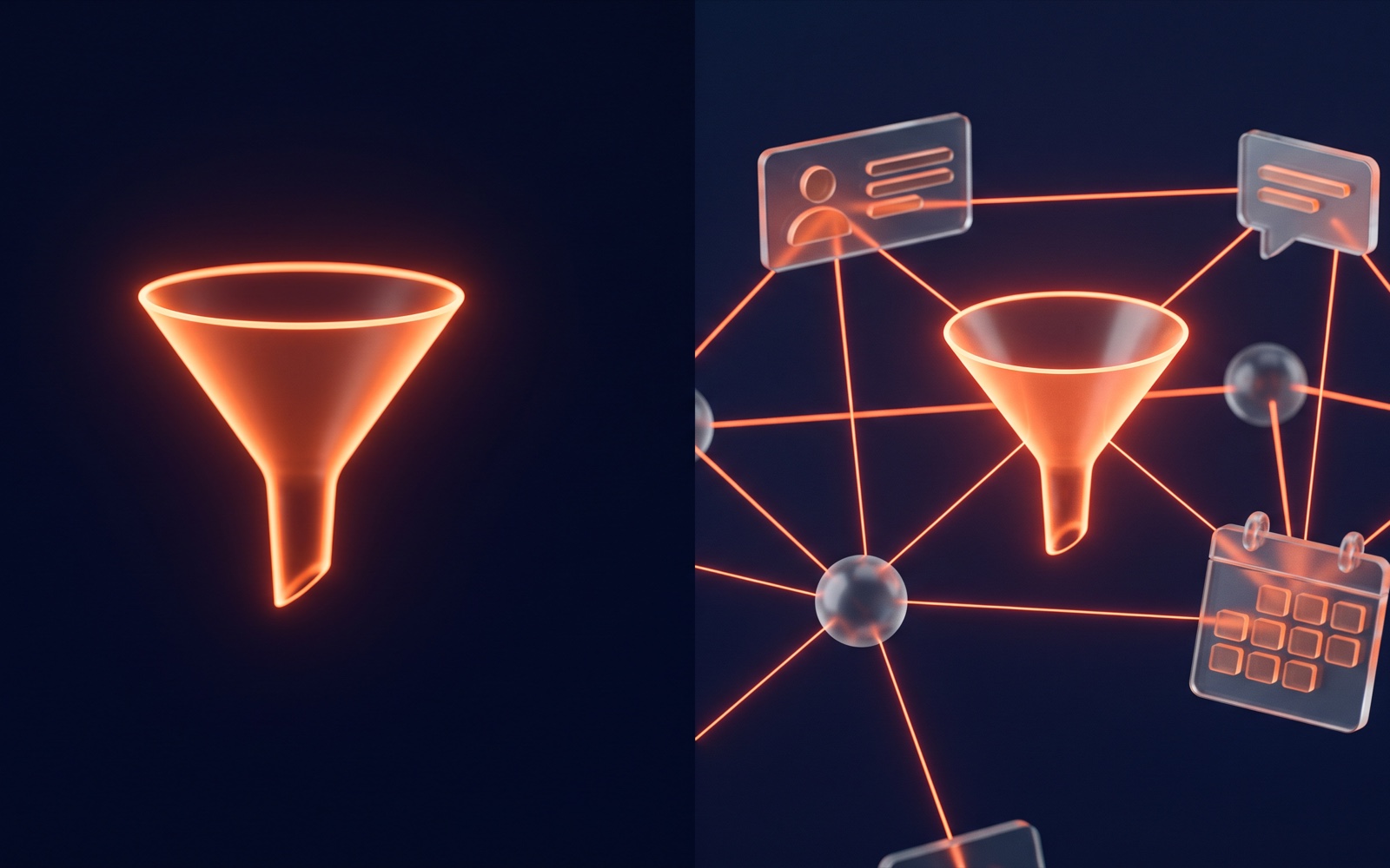 A dark navy split-screen illustration, one side a single glowing orange funnel, the other a connected system of funnel, CRM, messaging, and calendar nodes