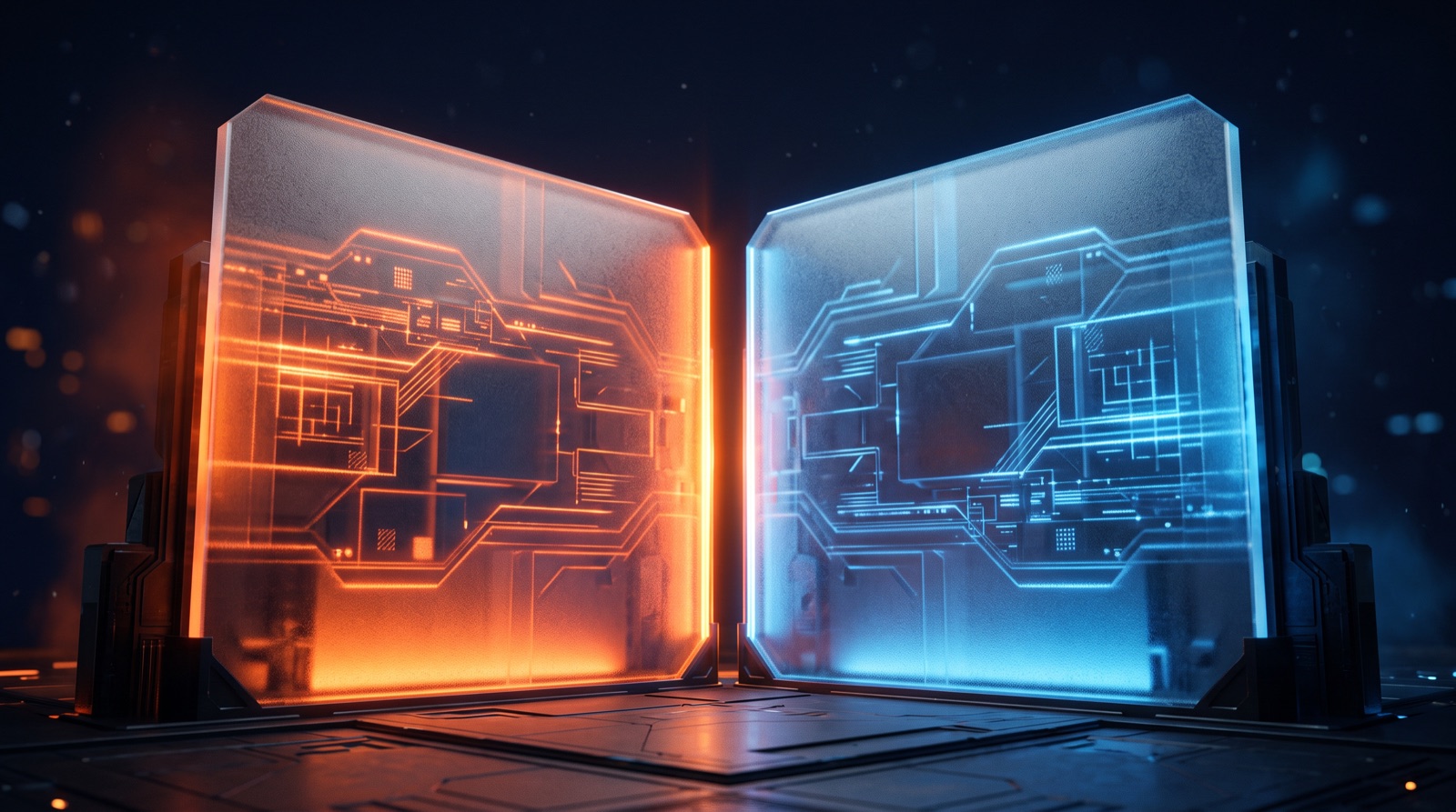 Two glowing software platform panels facing off across an orange divide on a dark navy background, representing GoHighLevel versus HubSpot