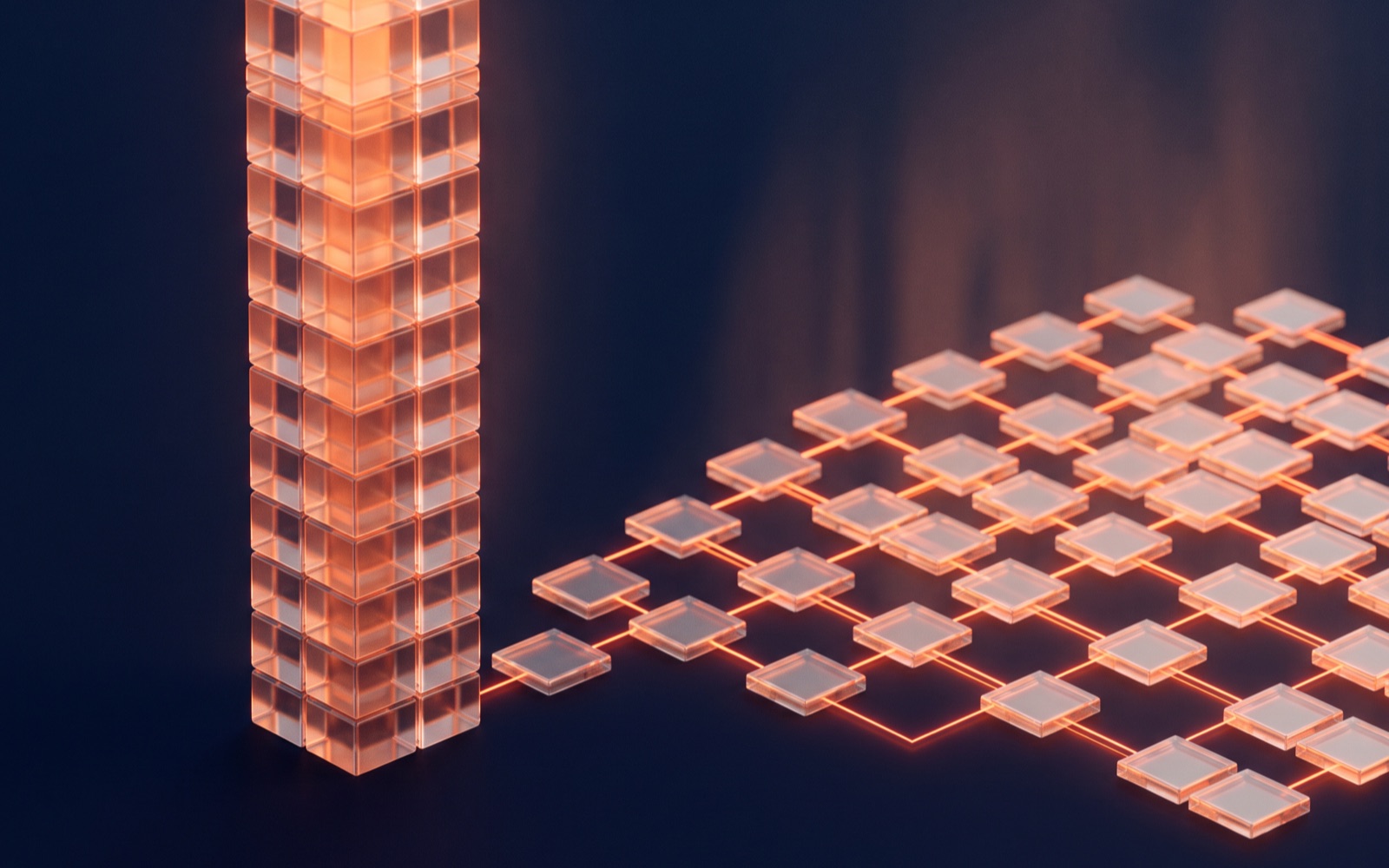 A dark navy split-screen illustration, one side a deep narrow tower of tools, the other a wide connected grid, both glowing orange