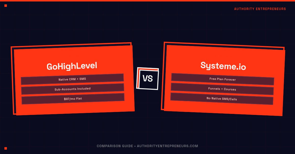 Two glowing software platform panels facing off across an orange divide on a dark navy background, representing GoHighLevel versus Systeme.io