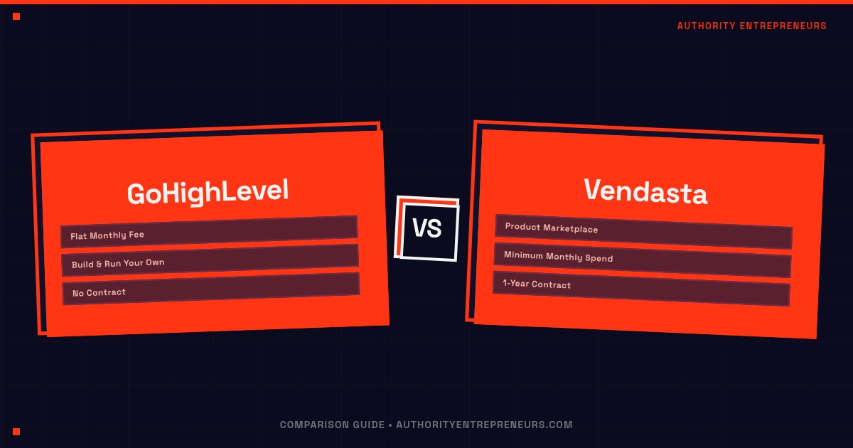 Two glowing software platform panels facing off across an orange divide on a dark navy background, representing GoHighLevel versus Vendasta