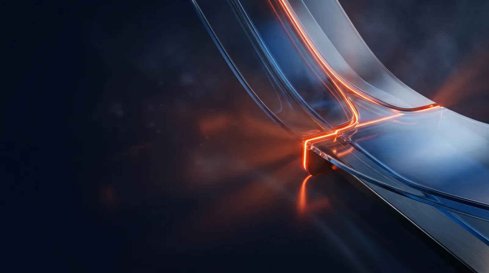 Translucent glass panels merging into one surface with an orange light seam, representing white-label GoHighLevel fulfillment under one brand