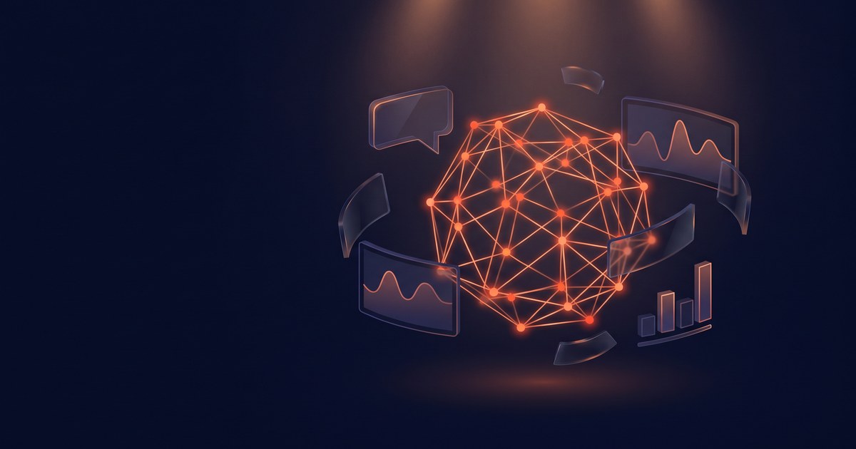 Holographic AI interface panels glowing orange around a small business dashboard, representing artificial intelligence tools helping a business run itself