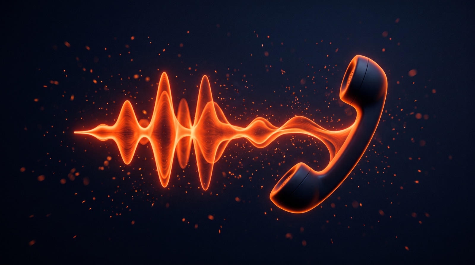 A glowing orange sound waveform forming a phone handset on a dark navy background, representing an AI voice agent