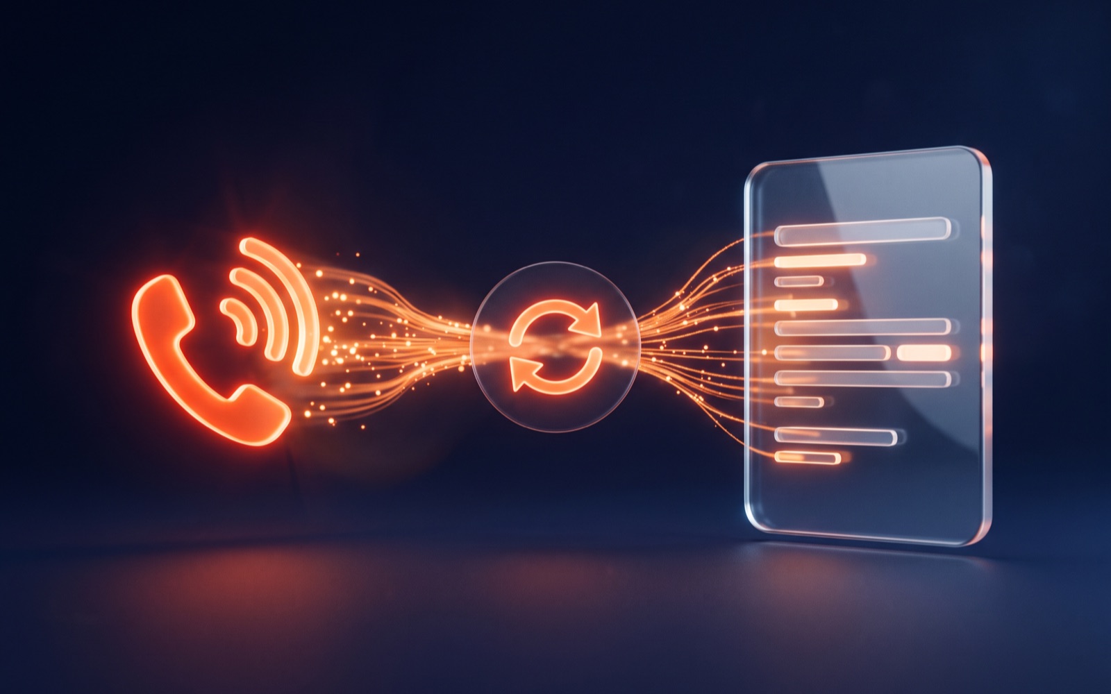 A dark navy illustration of a phone call flowing into a CRM record card with a glowing orange sync icon, representing an AI voice agent updating a CRM