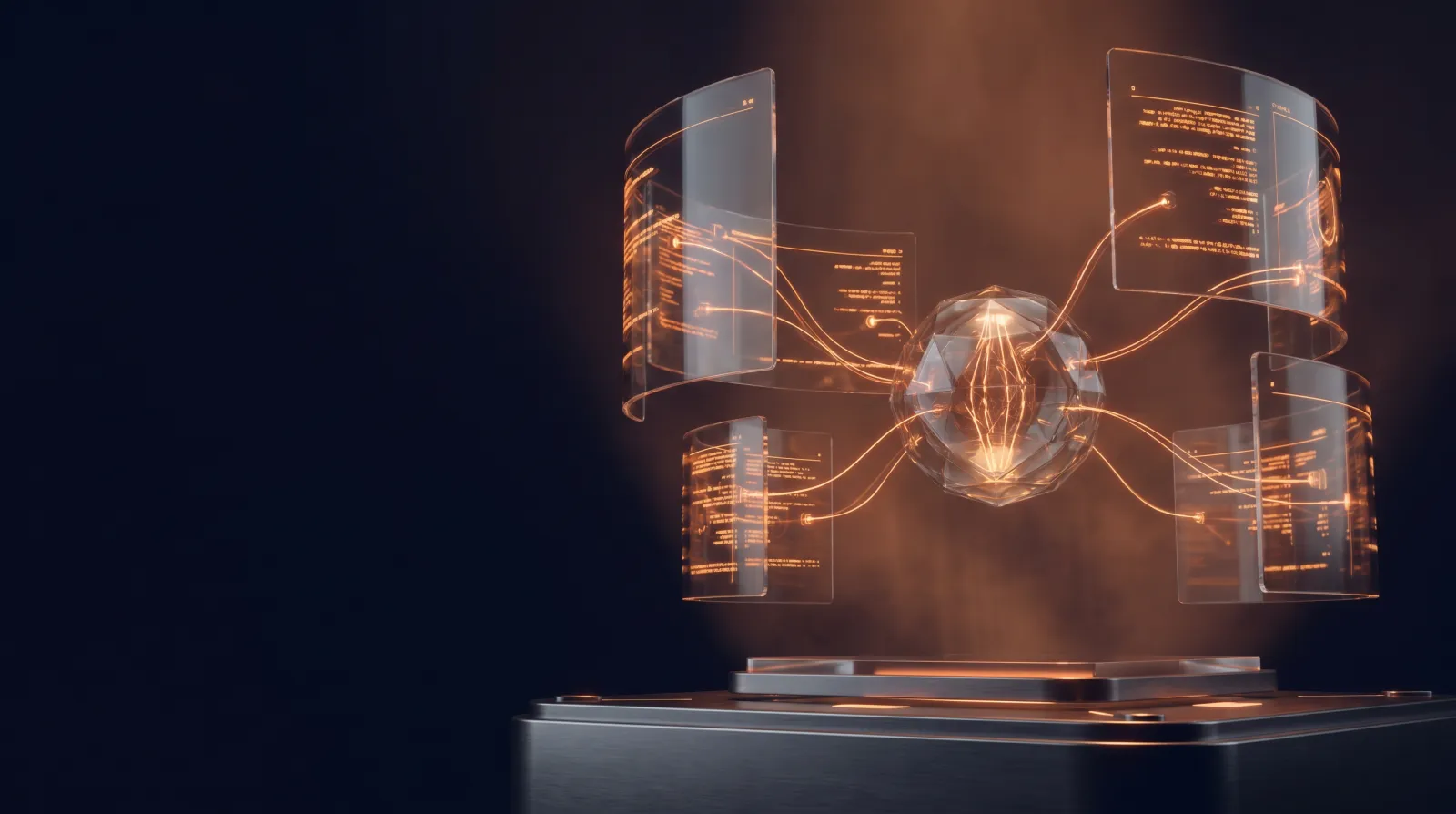 Floating glass code panels connected to a central glowing node, representing a GoHighLevel developer's API workspace