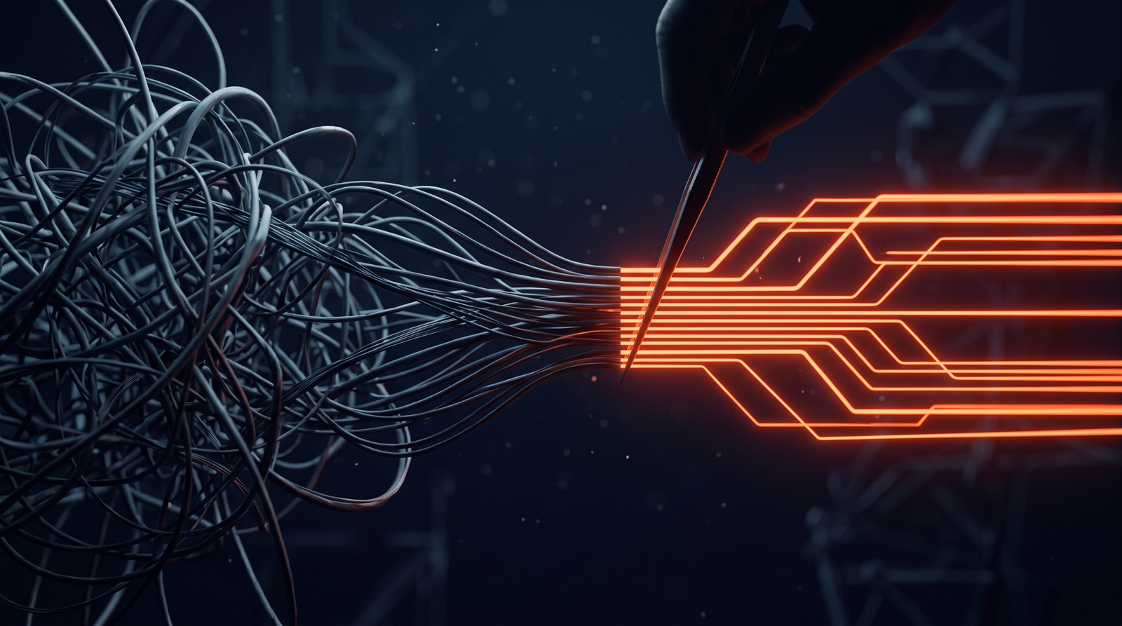 Why hire a GoHighLevel expert, shown as tangled systems becoming clean orange workflows on a dark navy background