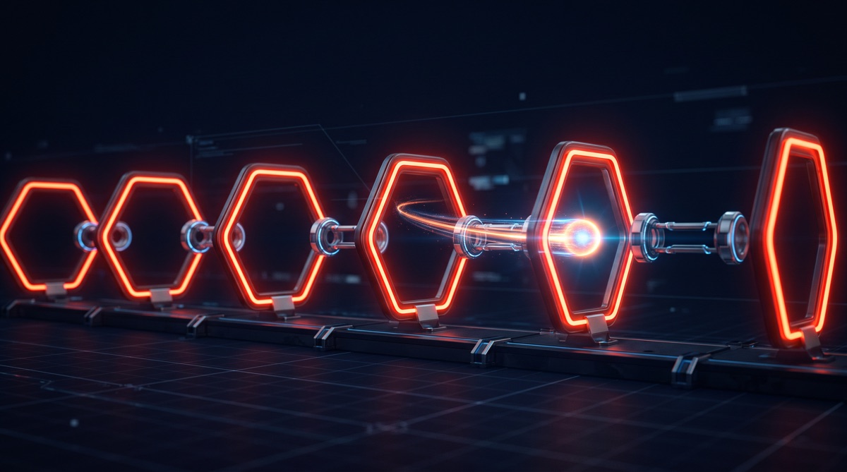 A GoHighLevel sales pipeline with stages that move themselves, shown as connected orange gates advancing a lead on dark navy