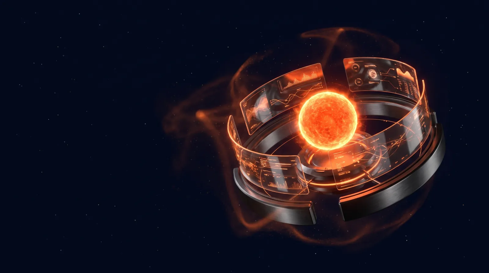 Holographic CRM dashboard panels orbiting a glowing orange core, representing a GoHighLevel certified expert at work