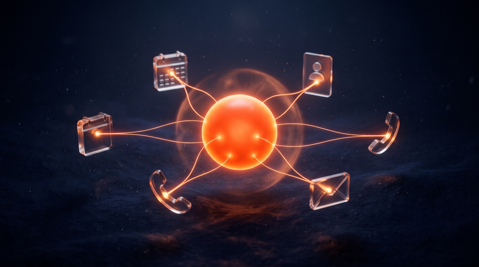 A glowing orange node with branching arms reaching out to tools and actions on a dark navy background, representing an AI agent