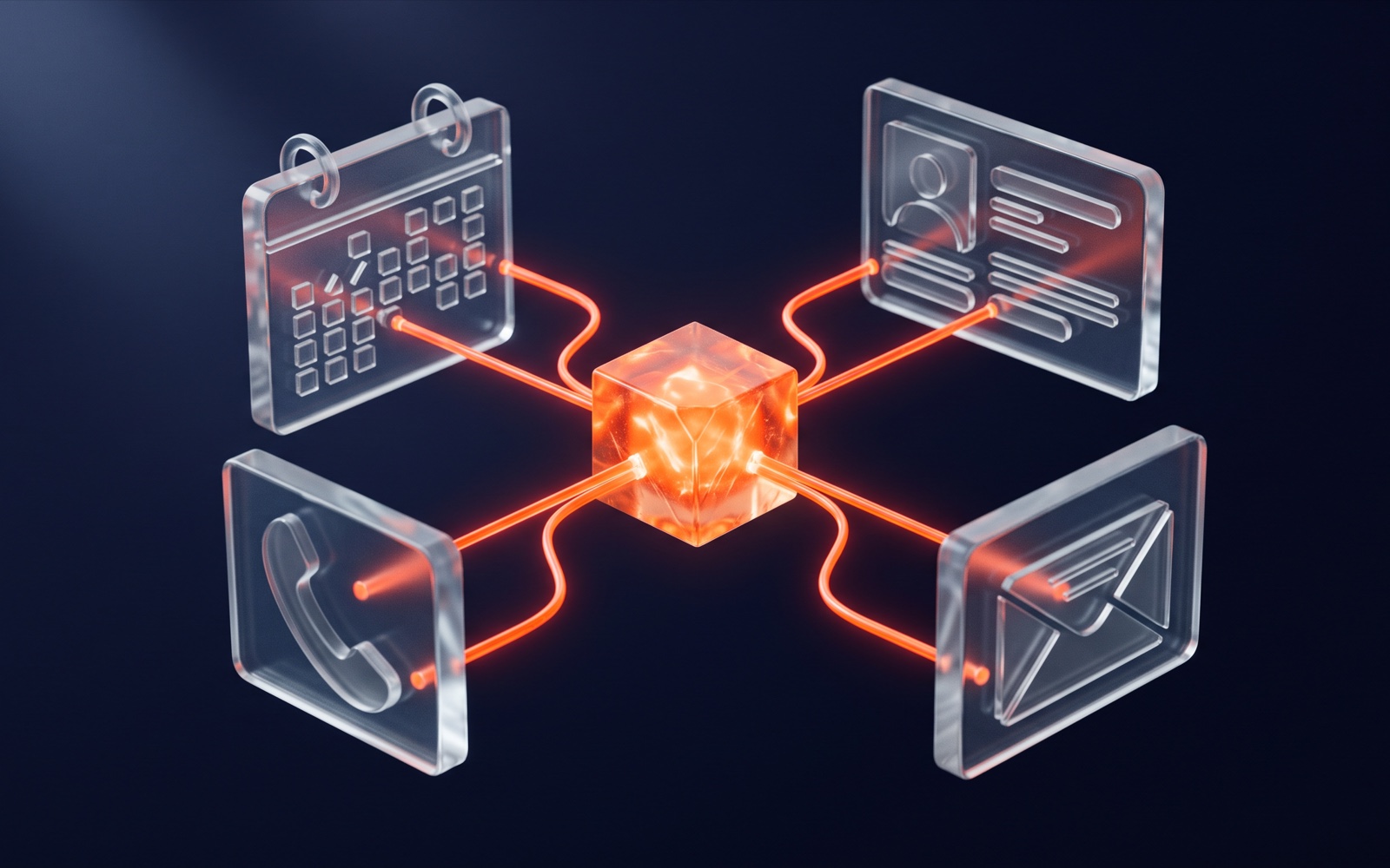A dark navy diagram of a central glowing orange core connected to a calendar, a CRM record, a phone, and an email icon, representing the parts of an AI agent
