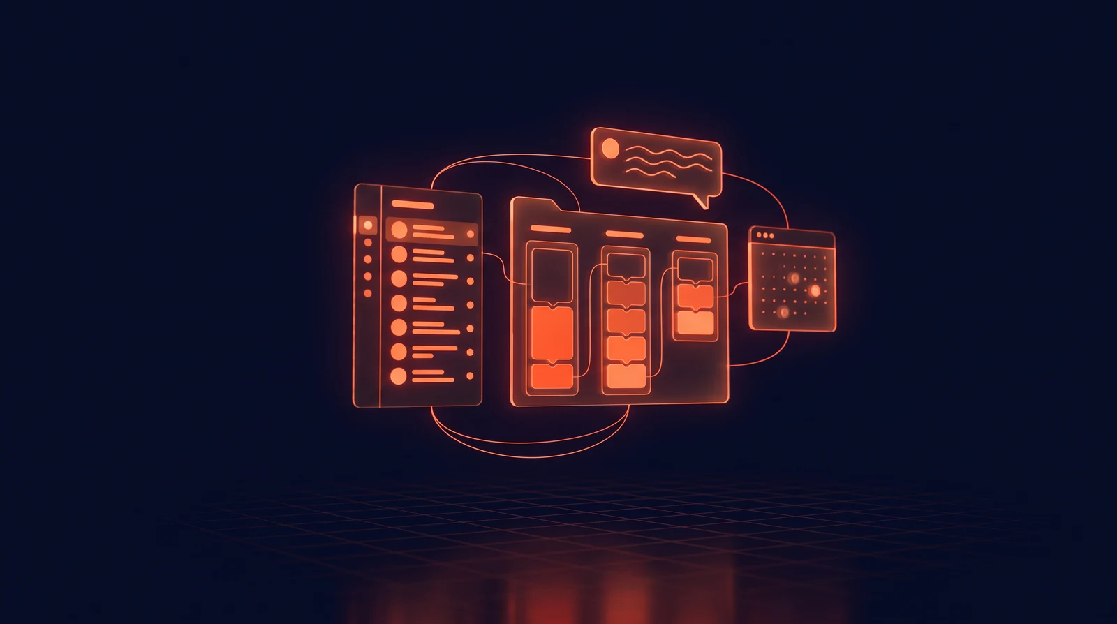 Holographic dashboard panels orbiting a glowing orange core, representing GoHighLevel's all-in-one CRM and marketing platform